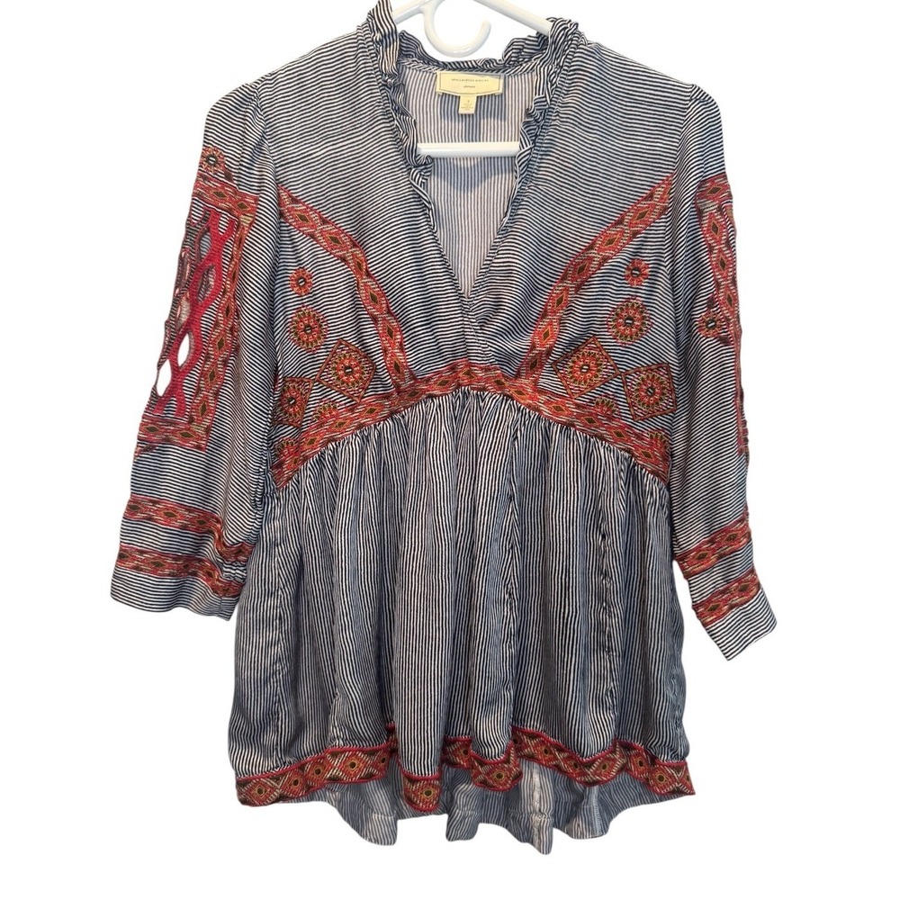 Moulinette Soeurs Anthropologie Striped Embroidered Tunic Top Blue Small
